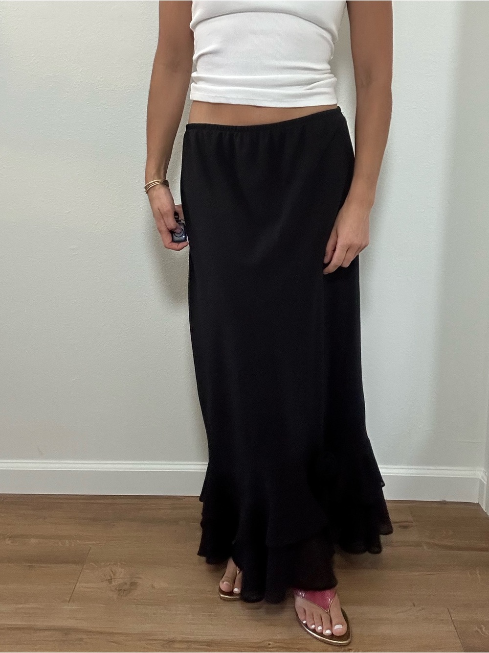 Vintage Dressbarn Y2K Black Ruffle-Hem Maxi Skirt Rosette Chiffon Size L - Picture 7 of 12